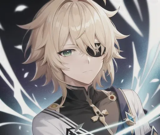 Prompt: image of {aether}, anime, 4k, hyperrealisitic, (masterpiece, illustration, best quality:1.2), blonde hair, green eyes, eye patch, closed mouth, in the style of genshin impact