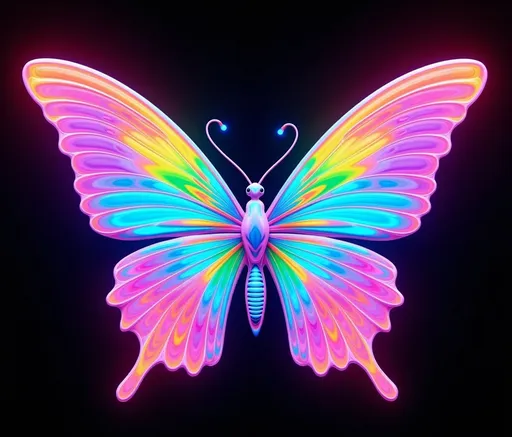 Prompt: realistic family of 3 light drawing bright neon butterflies spectrum of light drawing rich colours painting intricate detail black backdrop, bright colourful, elegant design