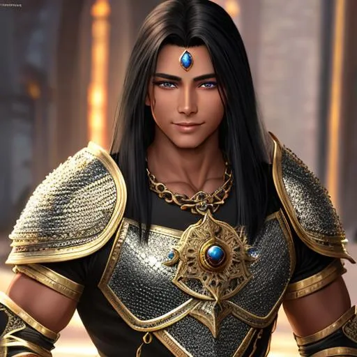 Prompt: oil painting, fantasy, human man, tanned-skinned-male, beautiful, short bright black hair, straight hair, smiling, looking at the viewer, cleric wearing intricate chain mail armor, #3238, UHD, hd , 8k eyes, detailed face, big anime dreamy eyes, 8k eyes, intricate details, insanely detailed, masterpiece, cinematic lighting, 8k, complementary colors, golden ratio, octane render, volumetric lighting, unreal 5, artwork, concept art, cover, top model, light on hair colorful glamourous hyperdetailed medieval city background, intricate hyperdetailed breathtaking colorful glamorous scenic view landscape, ultra-fine details, hyper-focused, deep colors, dramatic lighting, ambient lighting god rays, flowers, garden | by sakimi chan, artgerm, wlop, pixiv, tumblr, instagram, deviantart