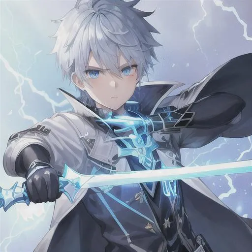 Prompt: 1boy, blue eyes, random futuristic outfit, sword with lightning element