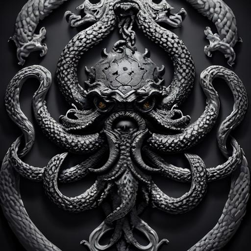 #tiel# Heraldry, Grey Kraken On Black, Perfect Compo 