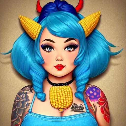 Prompt: Chubby Pin-up woman with corn head (((blue hair))) tattoos 