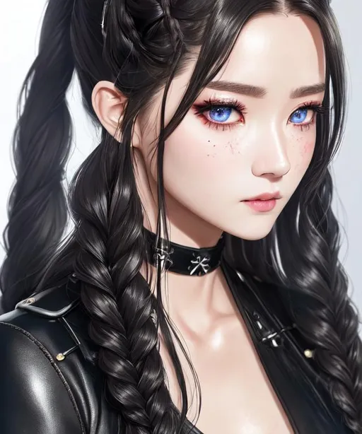 Prompt: 1 girl, close-up photo of a roger [Yoona:Jung Chae Yeon:0.5], brunette messy hair with single braids, she wears a black tight leather outfits, intricate design, she has mystic tattoo on cheek. She is perfect beautiful, long grayish blue eyes, pale white skin, scarred eye,  cool expression.  UHD 8K, Rim light, back light, black background, the artwork is by Katsuhiro Otomo and Hideaki Anno, artstation
