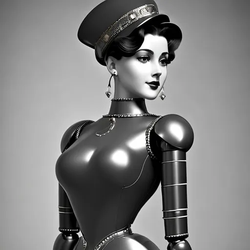 Prompt: 1890s pinup style, A complete body form of a stunningly beautiful, humanoid robot