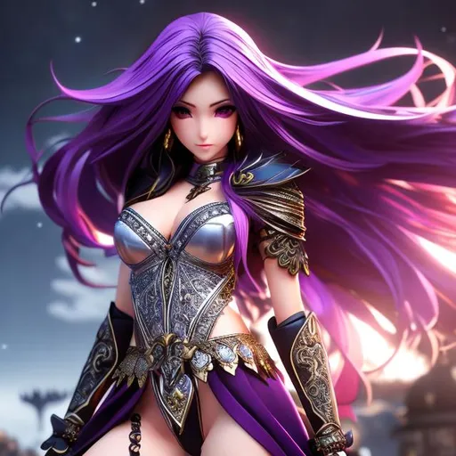 Prompt: anime style, full body, female model, shapely body, long hair, silver hair, Detailed Face, intricate eyes,  purple iris, Perfect anatomy, showing skin, shadows, extremely high detail,  midriff, deep cleavage, black armor, white skirt, red cape, black lance, warrior