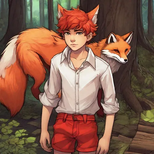 Prompt: a boy with fox ears and tail. He wears a white shirt and red shorts. In background a wood. Changeling the Dreaming art. Rpg art. 2d art. 2d. well draw face. Detailed. 