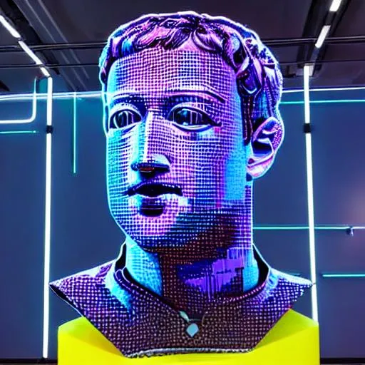 Prompt: A sculpture of Mark Zuckerberg made out of recycled Facebook data, magic, tron, Johnny mnemonic, vaporwave, chi