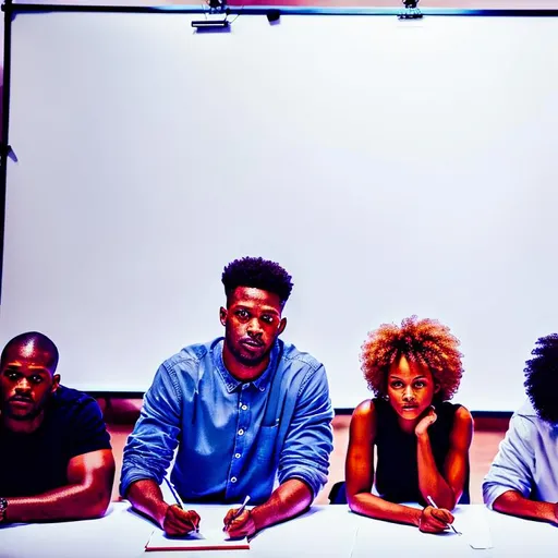 Prompt: Seven African Americans writing a movie screenplay in a large room with a large blank whiteboard. Color photo taken by a Hasselblad camera. Warm lighting.