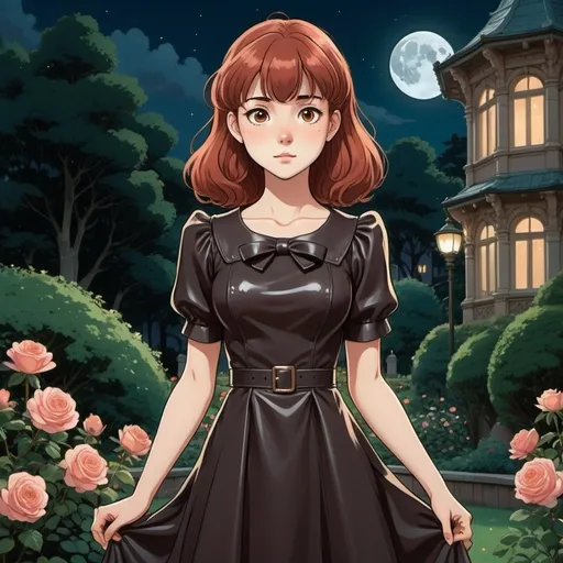 Prompt: Studio Ghibli 2D anime style. Create a portrait of a young woman named Jane, aged 19. She has long crimson/auburn hair styled with bangs, deep brown eyes, a thin, somewhat athletic build. She is dressed in a 1950's style leather dress that is stylish and youthful, with shorter sleeves and a higher skirt cut. The dress is black and tailored to fit her slim figure perfectly, giving her a sophisticated yet playful look. The background is a moonlit rose garden at an opulent mansion. Studio Ghibli 2D anime style.

