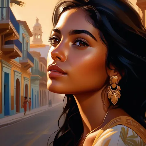 Prompt: Third person, gameplay, Cuban girl, tan skin, black hair, hazel eyes, Havana, golden atmosphere, cartoony style, extremely detailed painting by Greg Rutkowski and by Henry Justice Ford and by Steve Henderson 