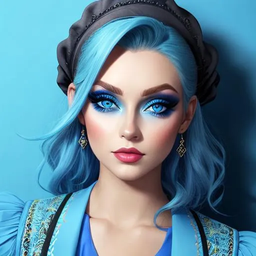 Prompt: A woman all in blue, blue eyes, pretty makeup