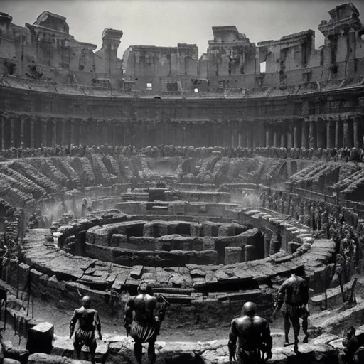 Prompt: monochrome, roman arena, gladiator match, brutal, bloody, muscular, scifi, futuristic, beksinski, monochrome