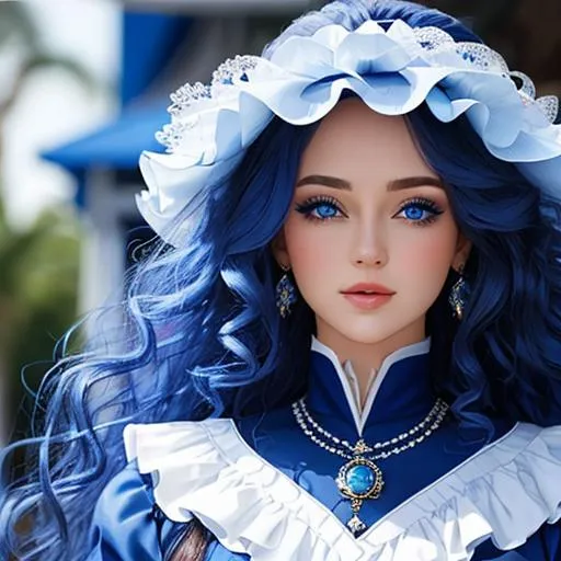 Prompt: Lady all in blue, Long curly hair, sapphire blue eyes, face front, blue fashion