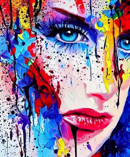 Prompt: stunning beautiful realistic , impressionism woman portrait, head and shoulder , blue eyes, pop art, full colors, abstract style, acrylic painting, palette knife, background paint with drop splatter, detailled,