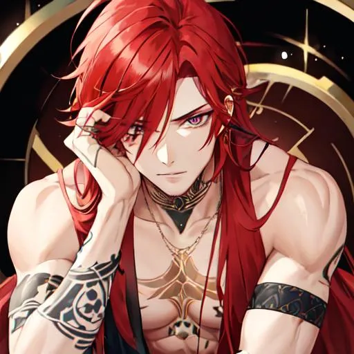 Prompt: Zerif 1male (Red hair covering his right eye) with tattoos

