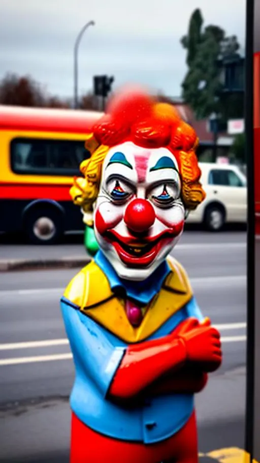 Prompt: Sad pizza clown at a bus stop