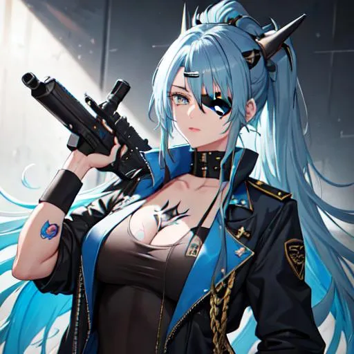 Prompt: (blue Messy hair with front spikes) wearing a eye patch that covers her right eye, wearing a military uniform, tattoos on her arms, holding a gun