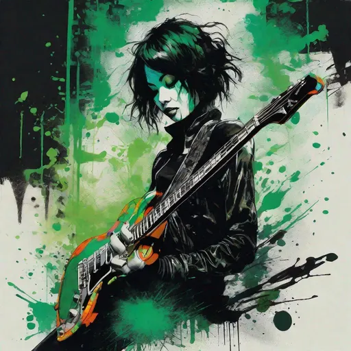 Prompt: calligraphy smoke inking, dripping black, silver and green paint, Portrait of an emo and beautiful girl playing an electric guitar art by Jean giraud, Conrad Roset, Enki Bilal, Chris Bachalo, Benedick Bana, William burroughs, Intricate, tattered rags, artgerm, peter mohrbacher, Shozo Shimamoto, kevin oneill, frazetta, beksinski frank miller lee bermejo Marc Simonetti egon schiele Joaquín Sorolla Simon Stalenhagmat brown Matti Suuronen Jeffrey Larson druillet Tom Thomson Ross Tran James Turrell Van Gogh Rembrandt Louis Wain