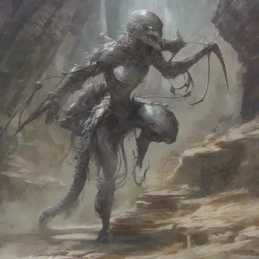 Prompt: {{{{{{{Gelatinous Body}}}}}}}, Full Body Grey Skin, Grey Slime Body, tenticles, humanoid claws, slender lizard tail, sharp tooth smile, no eyes, oval shaped head, wielding two psionic daggers, fantasy setting, cave background, combat stance, colored, Ultra high quality, Slenderman build