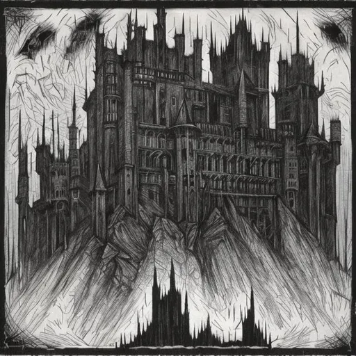 Prompt: dark castle in the style of cabinet of dr. caligari

