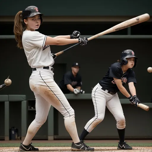 Prompt: a girl with  a  base ball  bat hitting a man