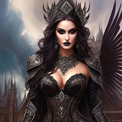 Prompt: Stunningly beautiful masterpiece, warrior goddess, Jay Scott Campbell, gothic makeup, Victorian armor, body by Jay Scott Campbell, oil painting, 64k, tattoos