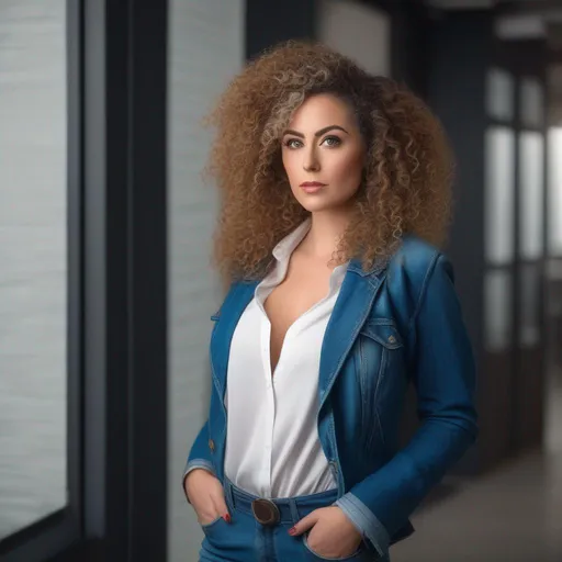 Prompt: An attractive 35 year old woman with very curly hair, elegant, large eyes, modern, stylish makeup, full body view, white tshirt with a jacket and blue jeans, (erotic), thinking deep, office background