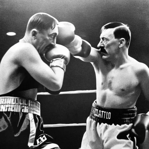 Prompt: Hitler and Joseph Stalin in a boxing ring fighting