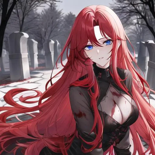 Prompt: Haley 1female. Long red hair styled in loose, voluminous curls, adding a touch of fiery allure to her look. Sunken blue eyes, captivating and full of mystery. Highly detailed face. 8K. UHD.  Ghastly pale, decaying skin. Wearing  tattered, blood-stained clothes. in a graveyard posing for the camera. Young adult.