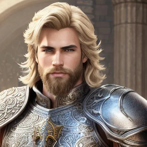 Prompt: male fantasy warrior, very handsome, medium musculature, sandy blonde, short wavy hair and short trimmed beard, full leather armor, very detailed eyes, UHD, 64K, sharp focus, studio photo, intricate details, highly detailed