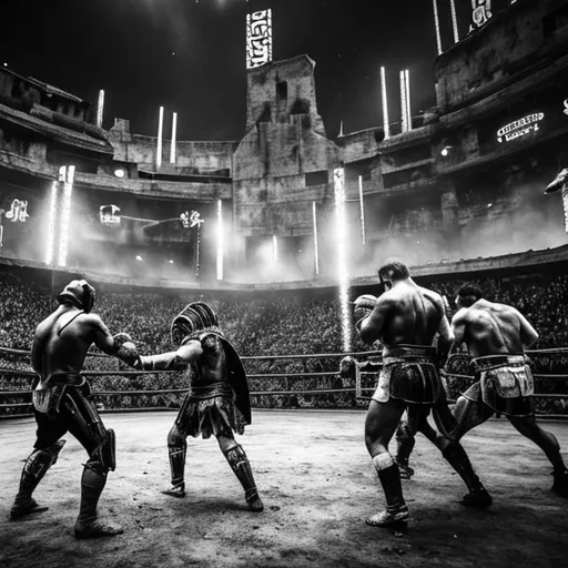 Prompt: monochrome, gladiator arena, large crowd, show, fight, brutal, torture, scifi, bladerunner