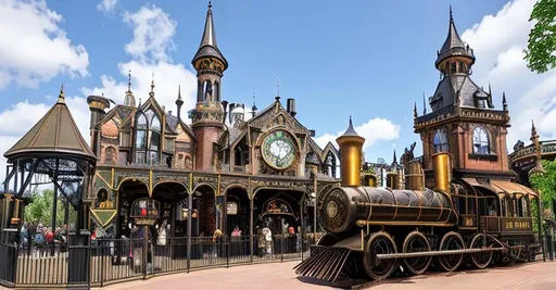 Prompt: steampunk theme park entrance, victorian architecture, train station, rollercoaster in background