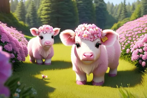 Prompt: Disney Pixar style pink highland calf highly detailed, extra fluffy, intricate, big eyes, adorable, beautiful, soft dramatic lighting, light shafts, radiant, ultra high quality octane render, daytime forest background, field of flowers, bokeh, hypermaximalist,