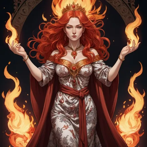 Prompt: tarot card Anime illustration, a red-haired woman, detailed ornate cloth robe, dramatic lighting, fire goddess, queen, flame hands