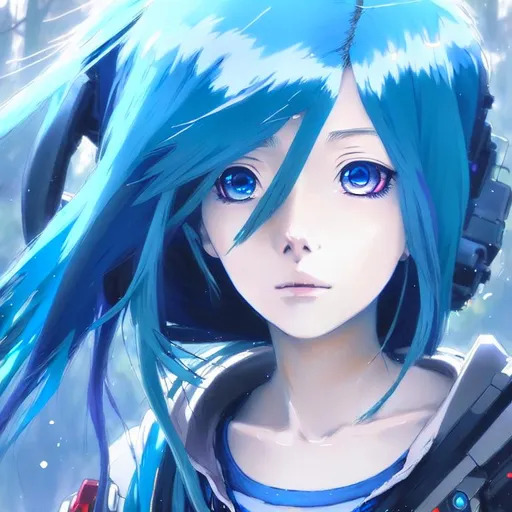 Prompt: pretty anime girl with blue hair wearing a large blue sweatshirt, calm pose, big watery eyes, anime digital painting by loish + rossdraws + Pino Daeni, brush strokes, painterly, impressionist style, half painted, a cinematic still from horizon zero dawn and pacific rim and transformers, full body mech, armored core, intact humanoid servo, octane render, nvidia raytracing demo, masterpiece, decipticon, calm head, 