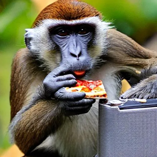 Prompt: a monkey eating pizza while taking a photo