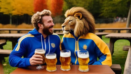 Prompt: smiling lion in A royal blue and gold tracksuit taking a sip from a stein of beer at a picnic table in a beer garden with an attractive olive skinned woman with curly hair with fall foliage 