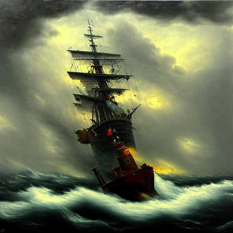 trade ship in the storm sea art work by oil shishkin | OpenArt