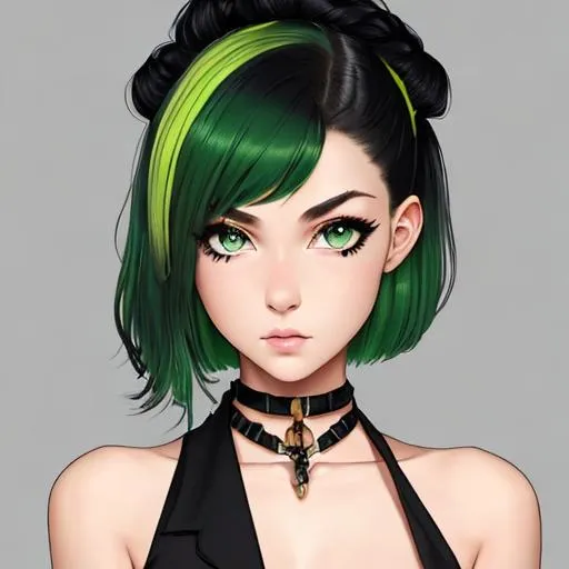 Prompt: An insanely beautiful girl around 21 years old. punk clothes. perfect anatomy, symmetrically perfect face. perfect grey eyes. beautiful short black wavy hair with green streaks. no extra limbs or hands or fingers or legs or arms.