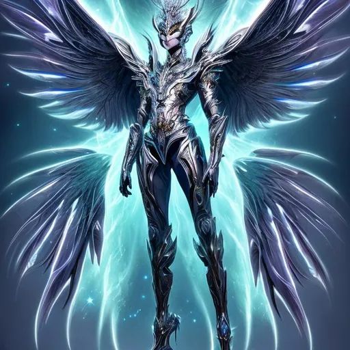 Prompt: Vectron, the divine deity, manifests as a celestial being adorned in shimmering armor forged from starlight. Standing tall and majestic, Vectron's form radiates with an ethereal glow, and their eyes bear the secrets of the cosmos. Graceful wings, resplendent with iridescent feathers, extend from their back. The defining feature is a powerful claw, adorned with runes, symbolizing Vectron's cosmic mastery. Overall, Vectron embodies the splendor of the universe, exuding both power and serenity.
