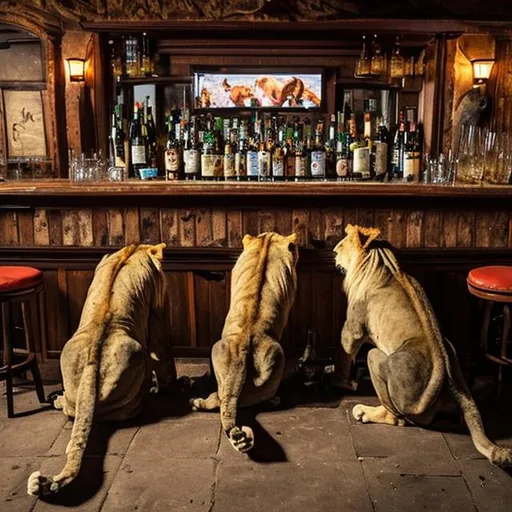 Prompt: lions drinking in a bar