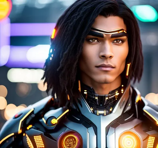Prompt:  man with black hair and Cyborg , in the style of futuristic, violet and bronze backdrops, robotic boy, photorealistic costumes, schlieren photography, steanpunk, close-up, Hair, hairstyle to the side, oval face, weight 60kg, height 1.78, 20 years old close-up back view half body, perfect body,  wearing yellow rain jacket and denim shorts in a steanpunk city, hyper realistic details, cinematic lighting, 3d, 8k