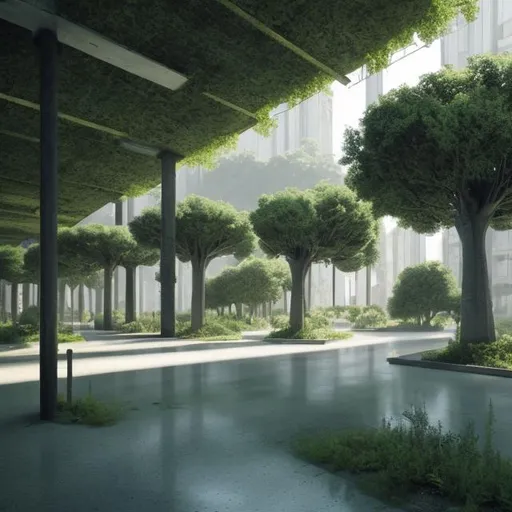Prompt:  a shallow bleak biophilic city featuring large gigantic concrete  buildings drown in trees and plants such as oak trees and roses with large windows, early morning with green lights 