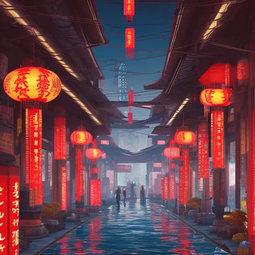 Prompt: (Hyper realistic) a cyberpunk style  Buddhist temple with red lanterns in cyberpunk city (cyberpunk style) water colour