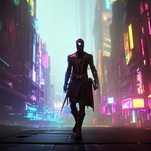 Prompt: Portrait, Photography of Cyberpunk spiderman. Spiderman with Futurist punk armor. hiperdetailed armor. Concept art. Futuristic City with a lot of lights,hyper realistic, BLue and red lights ambient. eLECTRIC SPARKS AMBIENT. camera nikkon D3500, camera 35mm f5.6 lens, hyper realistic, dramatic lighting.