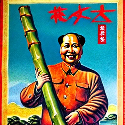 Prompt: 1960s Chinese propaganda poster of a smiling Mao Zedong, Mao is carrying a bamboo pole on his shoulder, Mao Zedong is surrounded by workers, attached to the bamboo pole Mao is holding are water buckets, Mao is in a village, highly detailed, highly decorated, masterpiece, vivid