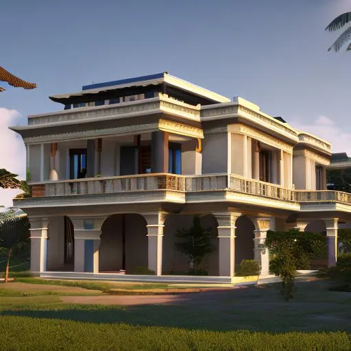 Prompt:  French colonial houses with modern congolese architecture inspiration, volumetric natural light, ultra realistic, vray, far view, perspective landscape