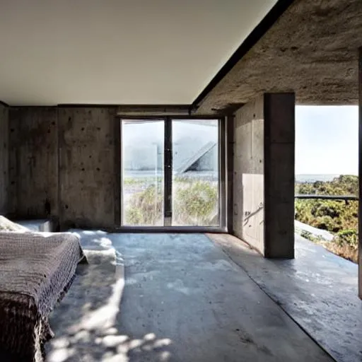 Prompt: brutalist architecture master bedroom with an Island. with lots of natural light