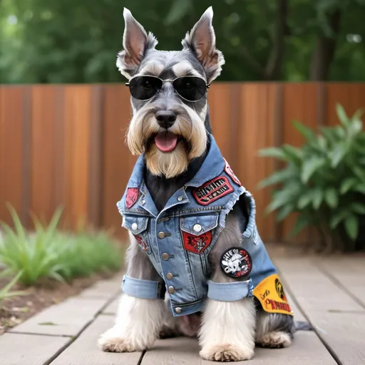 Prompt: Schnauzer wearing a heavy metal music denim vest with patches