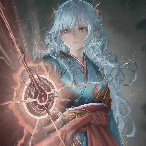 Prompt: oil painting, UHD, 8k, Very detailed, panned out, female lightning elemental with flesh that is redmade of lightning, visible face she is made of lightning, she has flowing hair lighting coming from it, she wears a turquoise Japanese hanbok, a red cloth across her chest, she hold a hammer which lightning is radiating from it, 